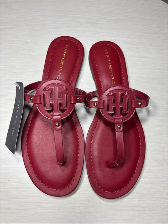 Tommy Hilfiger Shoes - Tommy Hilfiger Red Litzy Flat Sandals - Logo T-Strap Thong Size 7 NWT (No Box)